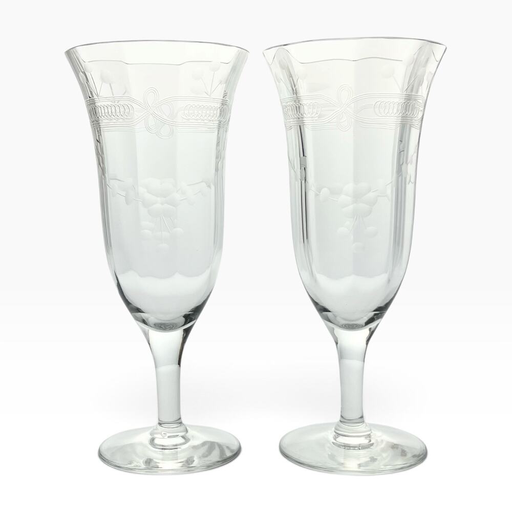 1940s Vintage 2 Etched Flower & Garland Optic Fluted Champagne Glasses 6” 6oz